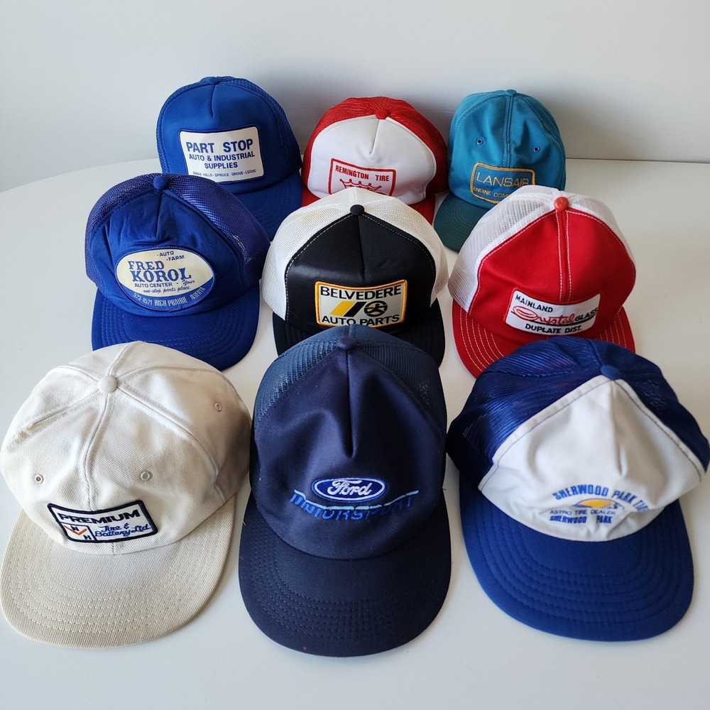 Vintage 80s Trucker Hat Lot of 9 Caps Auto Parts Ford Motor Engine Tires Mesh